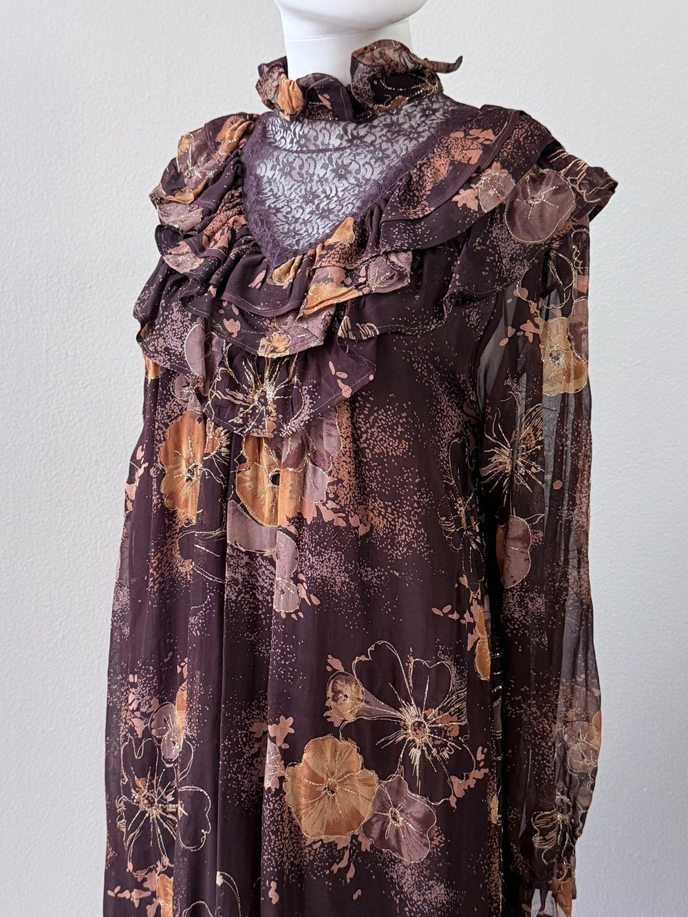 Brown Floral Ruffle Long-Sleeve Maxi Dress - Picture 3 of 14